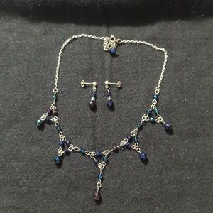 Silver Tone Blue Purple Peacock Crystal Beaded Choker Statement Necklace Set